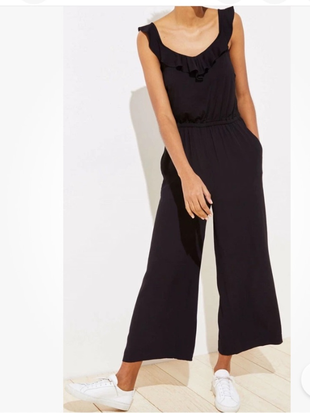 LOFT Black Ruffle Neck Sleeveless Wide-Leg Jumpsuit Pockets Elastic Waist M